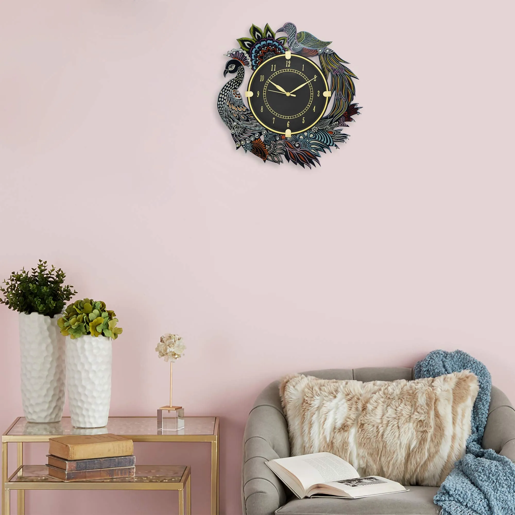 Capio Art Wooden Peacock Wall Clock For Home Wall Decor Round Shape Handmade Wall Clock For Bedroom Office & Home (Black,Nanwxnanlxnanh Inch) - Analog, 33 X 33 Cm