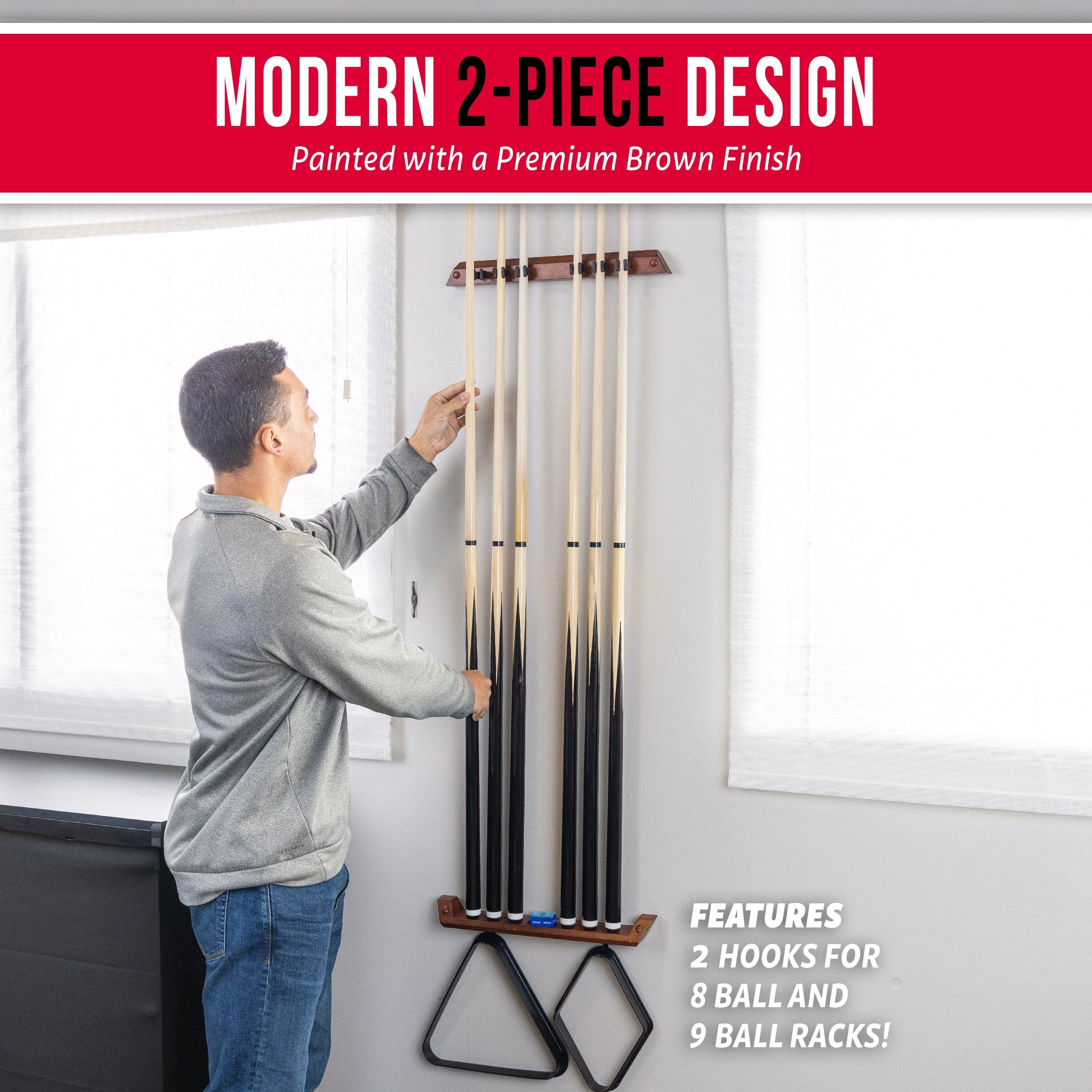 GoSports Wall Mounted Pool Cue Stick Holder - Brown