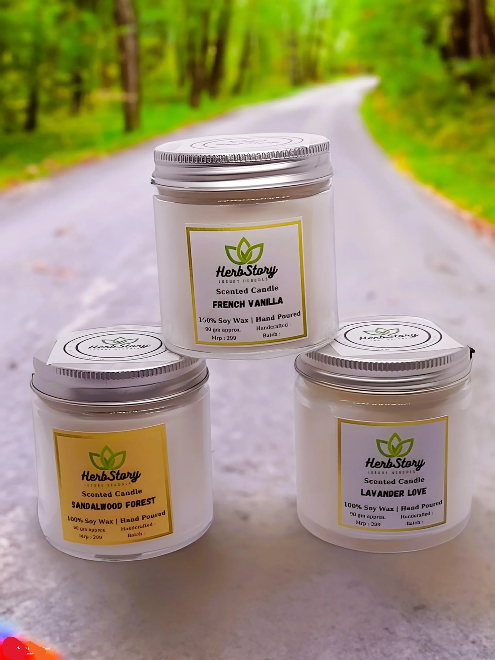 Herbstory Set of 3 Scented Candles | French Vanilla, Sandalwood Forest, Lavender Love | with Essential Oils and 100% Natural Soy Wax | Aroma Therapy Candles