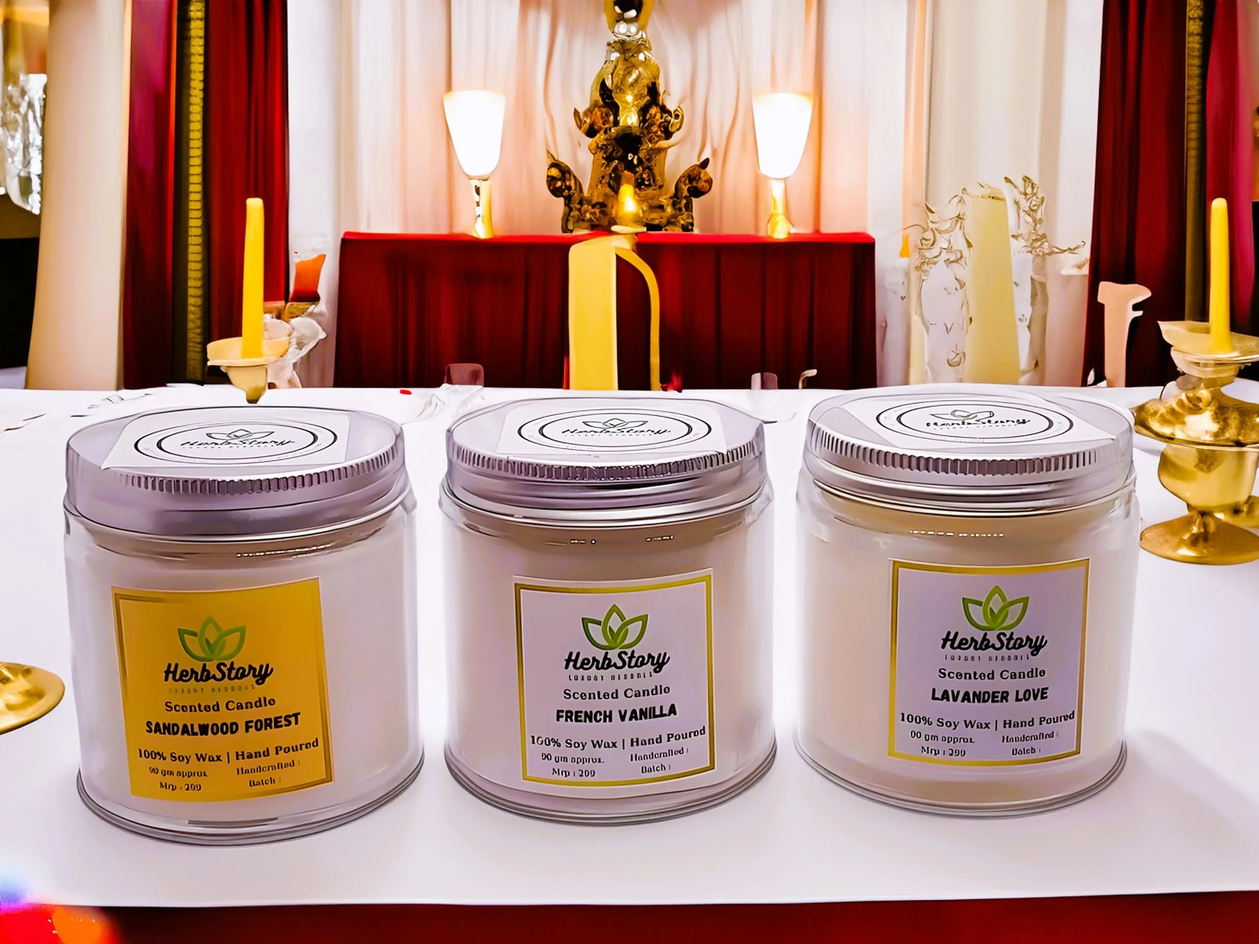 Herbstory Set of 3 Scented Candles | French Vanilla, Sandalwood Forest, Lavender Love | with Essential Oils and 100% Natural Soy Wax | Aroma Therapy Candles