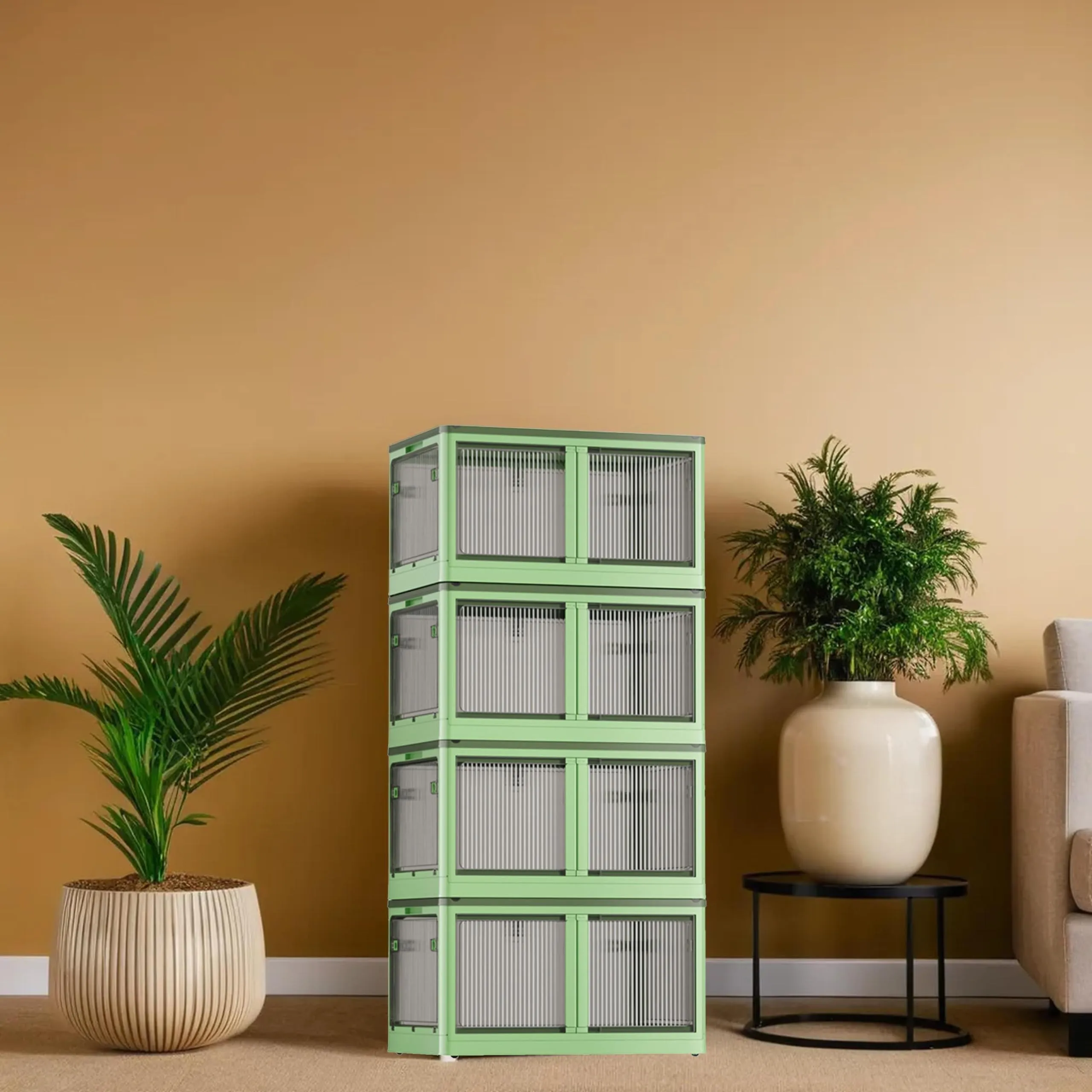Kuber Industries Pack of 4 Stackable Storage Box With Double Door | Foldable Storage Box With Lid & Wheel | Collapsible Storage Bin for Closet Organizers & Storage | XM9003G | Green