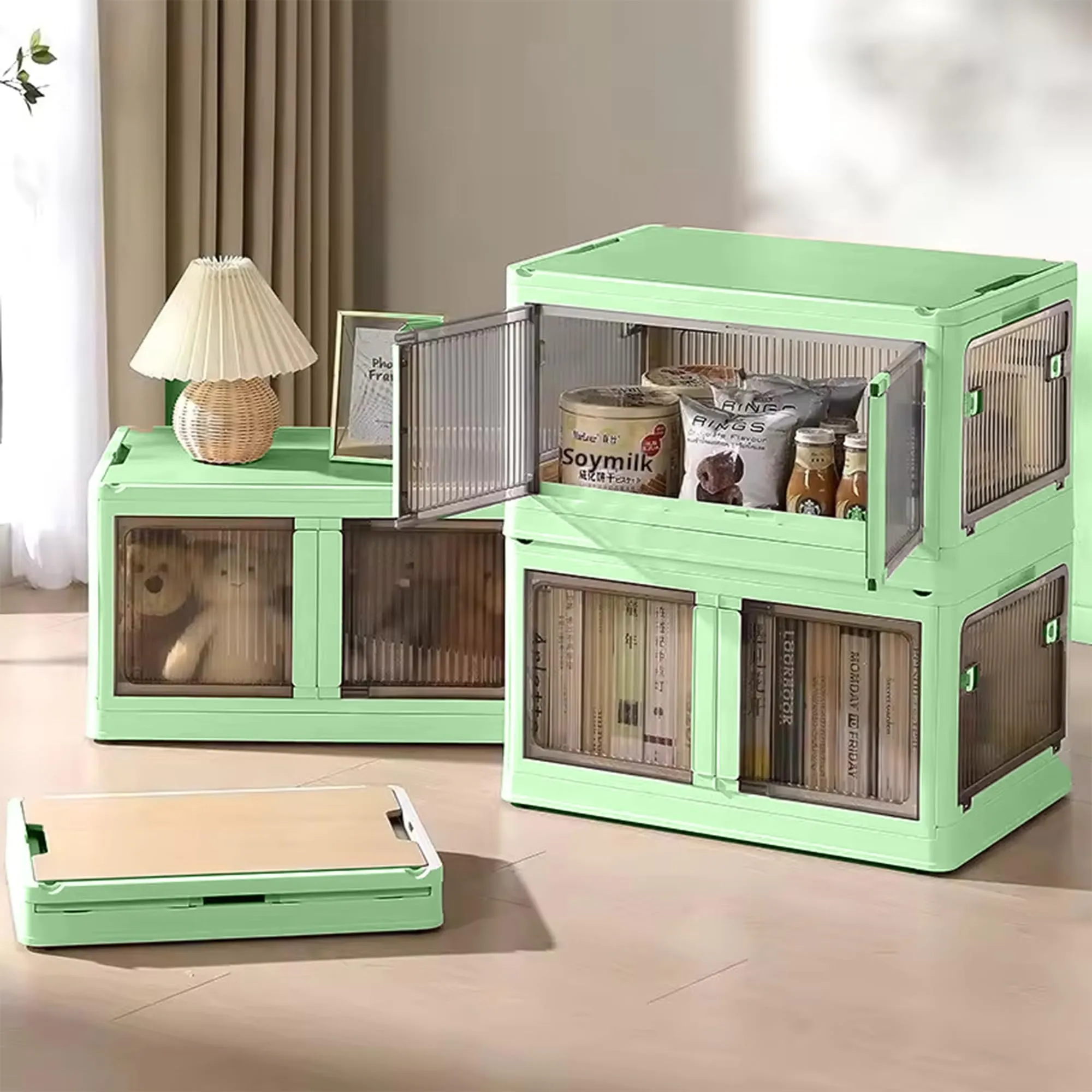 Kuber Industries Pack of 4 Stackable Storage Box With Double Door | Foldable Storage Box With Lid & Wheel | Collapsible Storage Bin for Closet Organizers & Storage | XM9003G | Green