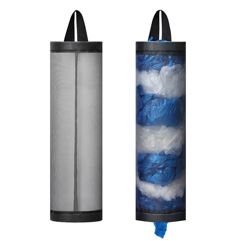 LINEVI Bag Holder for Plastic Bags, 2 Pcs Polyester Grocery Bag Holder Plastic Dispenser Foldable Breathable Washable Hanging Mesh Garbage Bag Organizer for Kitchen Plastic Bag Storage