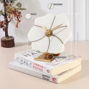MARMEX Marble Brass Floral Shape Table Clock | White Color | Marble Rock Type | Desk Stand Clock for Home and Office