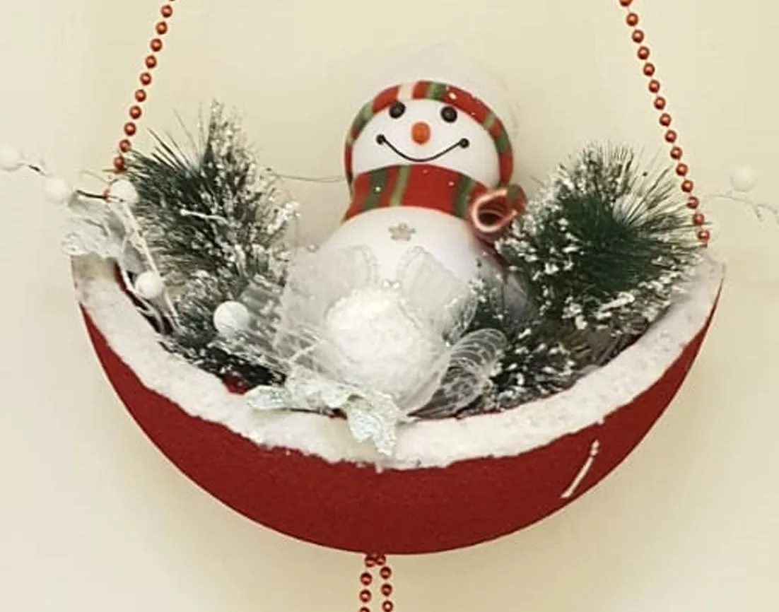 Snowman in red velvet basket